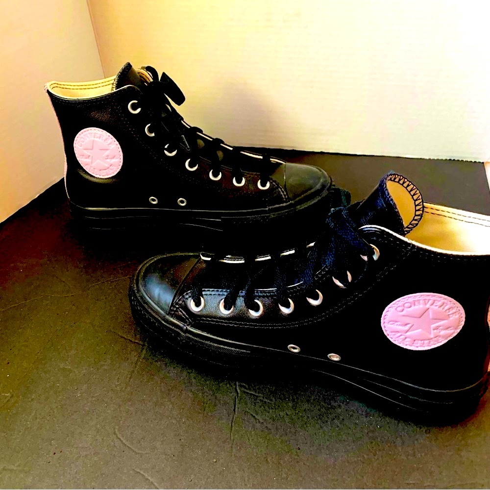 Custom Converse All Star Chuck Taylor Platform Hi Ankle Leather, Blk Purple. 7.5